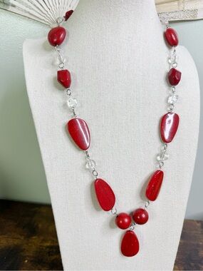 Red Beaded Statement Necklace - Faux Stone Acrylic Women Chunky Jewelry